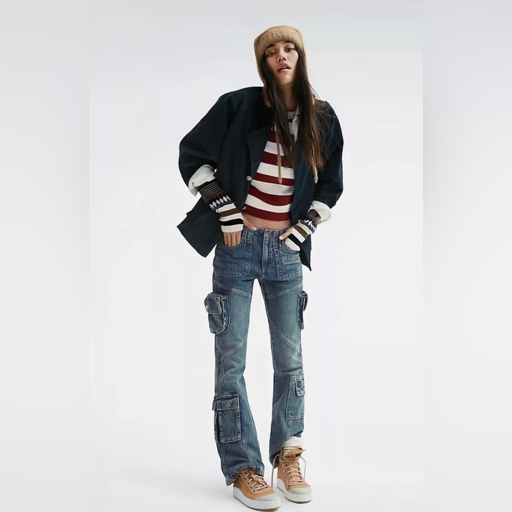 NEW Free People We the Free Call Me Crazy Low Rise Denim Cargo Jeans